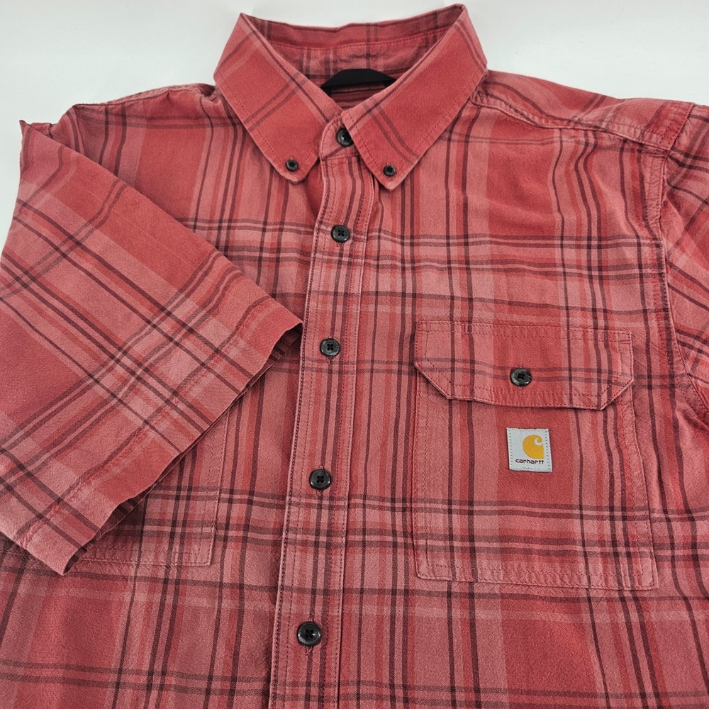 Carhartt Mens Red Plaid Short Sleeve Button Down Shirt Loose Fit TW4625-M L Tall